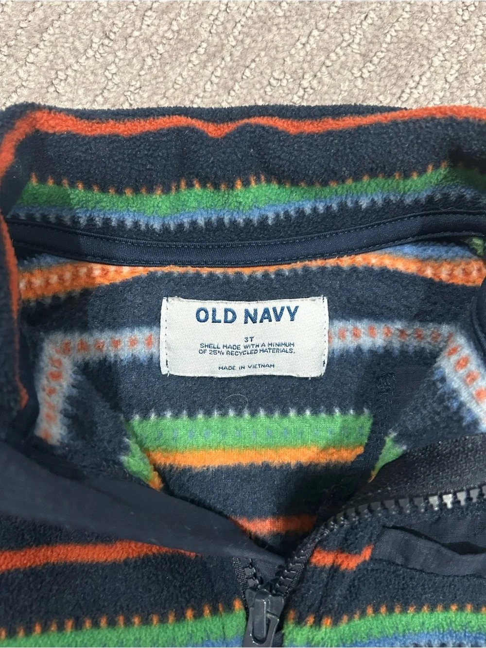Old Navy Navy Striped Half-Zip Pullover with Green and Orange Accents